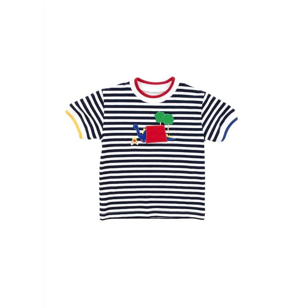 NEW FLORENCE EISEMAN kid's camp dinosaur stripe knit shirt in navy/white/red